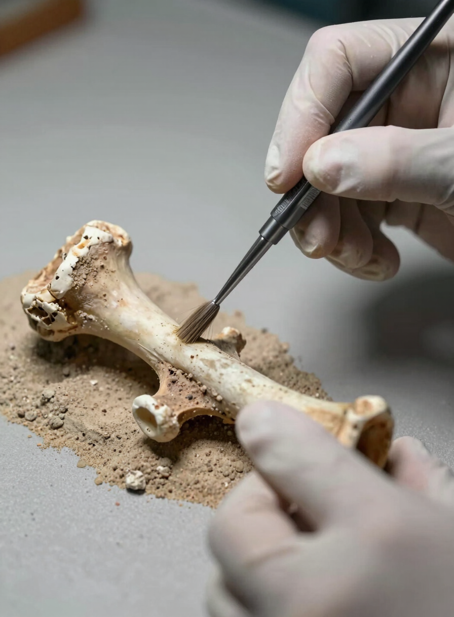Close-up of a researcher's gloved hands using a fine brush and dental pick to expose a fossil bone fragment on a sandy matrix surface, museum-grade directional side lighting revealing surface texture and wear patterns on the bone, neutral grey field background, no atmospheric softness