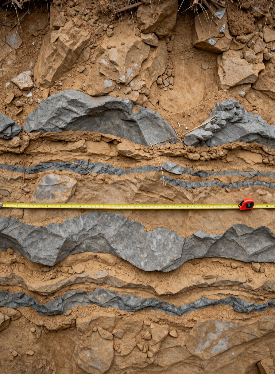 Close overhead study angle of exposed geological strata in a dig trench, distinct sedimentary layers clearly visible in muted ochre and grey tones, a measuring tape laid horizontally across the exposed face, even diffuse daylight, no shadows obscuring the detail