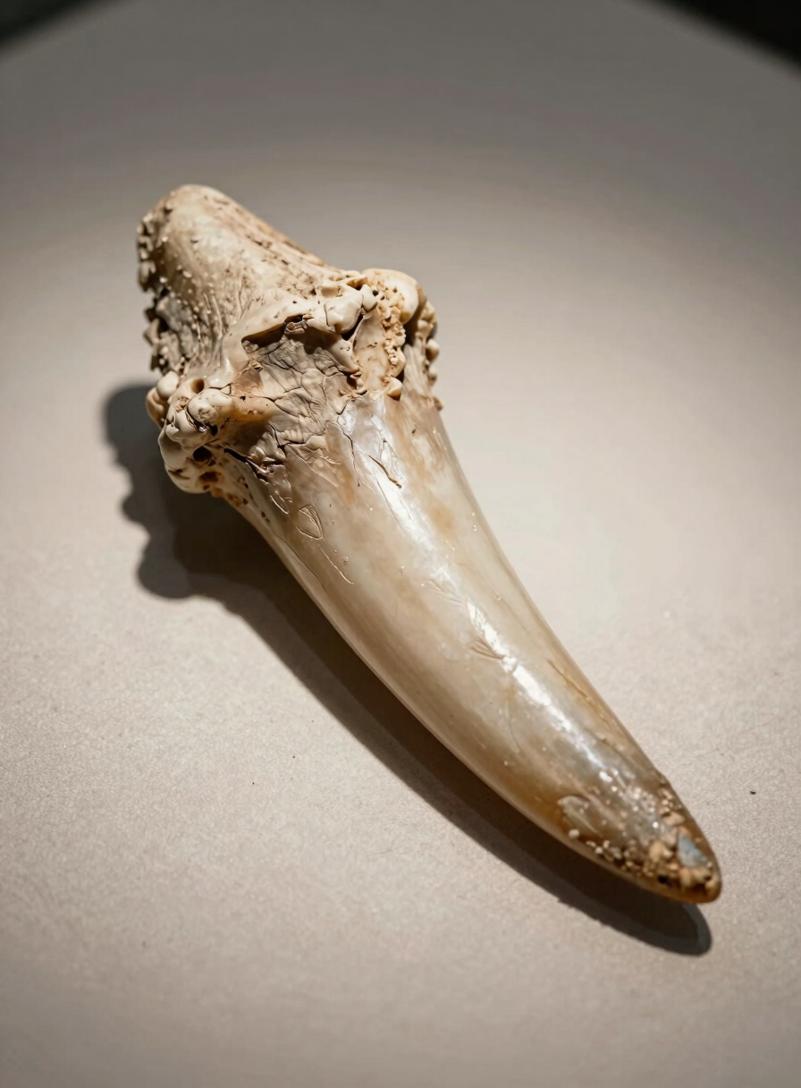 Close-up of a large theropod tooth fossil on a neutral fossil-cream surface, directional museum spotlight from upper left casting a sharp shadow that reveals the serrated edge detail and surface wear, bone texture visible in high resolution, clean documentary framing