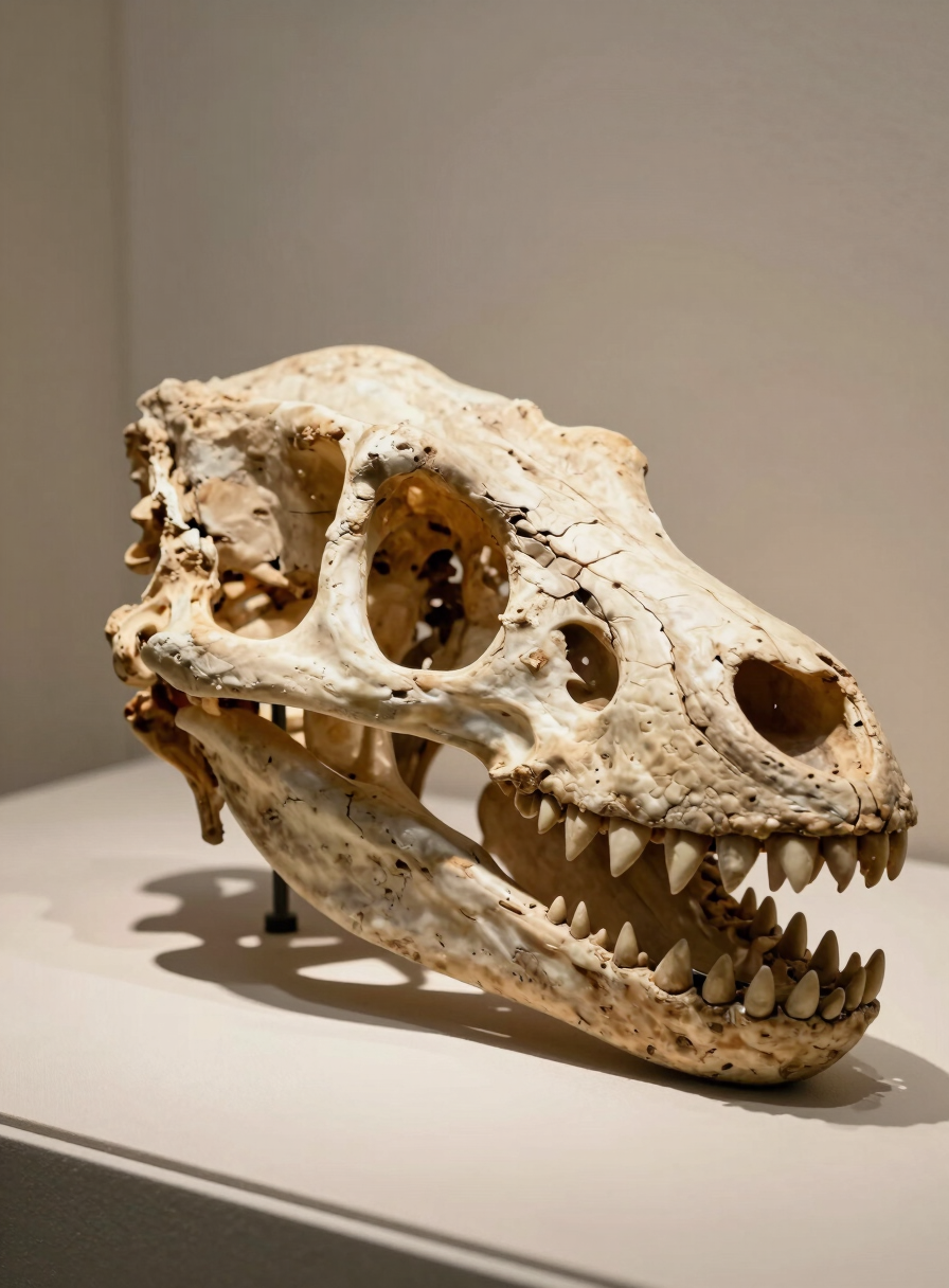 Close-up of a large theropod fossil skull on a neutral museum plinth, directional spotlight from upper left casting precise shadows across orbital ridges and tooth sockets, revealing surface texture and ancient wear patterns, clean fossil-cream background, tight environmental framing showing scale